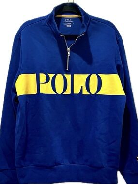 Polo by Ralph Lauren Blue Quarter-Zip Sweater with Yellow Logo Panel